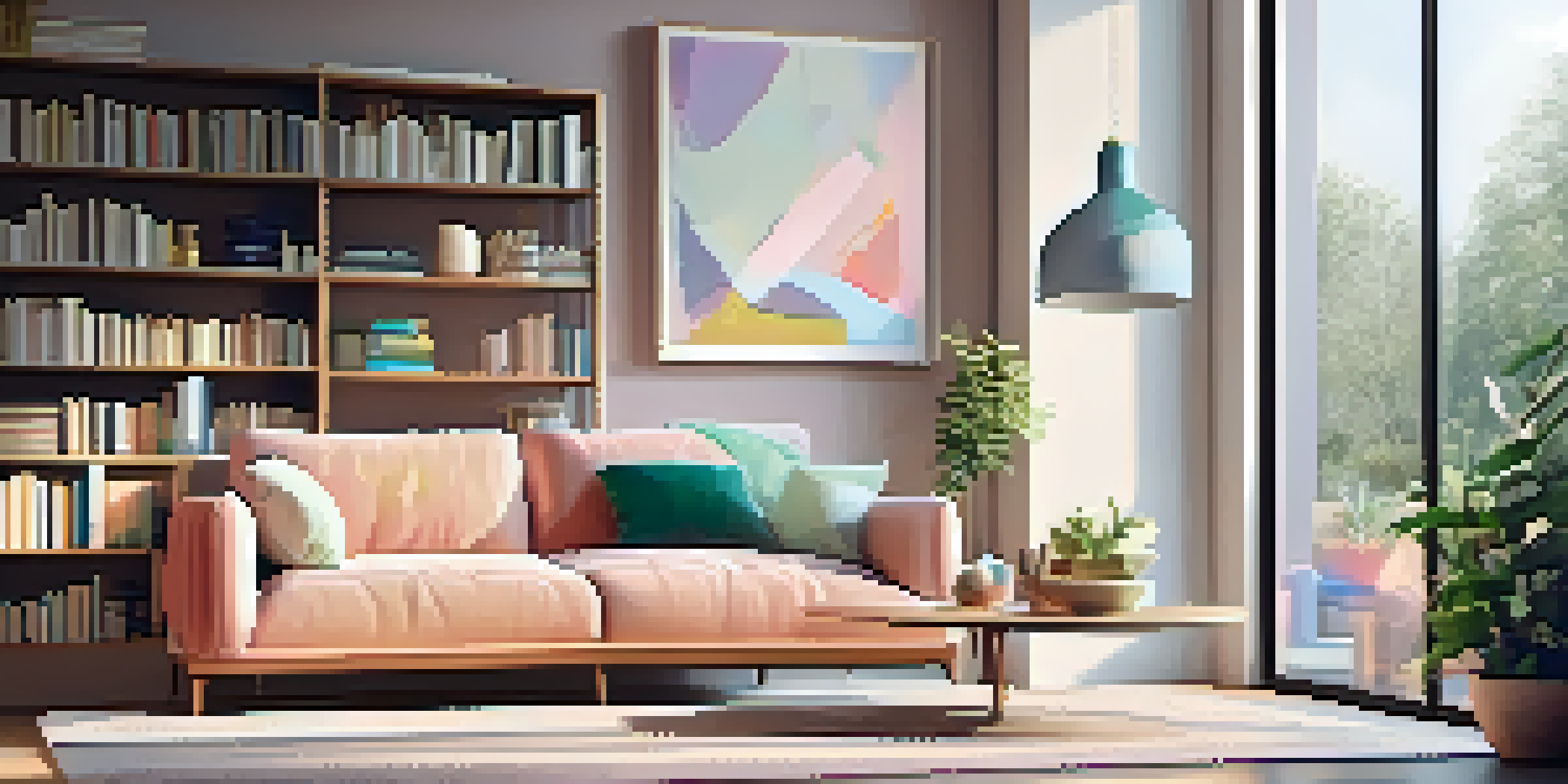 A modern and cozy living room with a large window, warm sunlight, colorful cushions on a sofa, and a small plant on the coffee table.