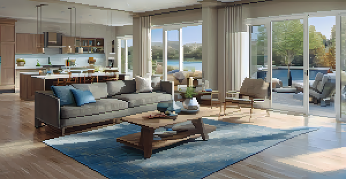 An accessible open floor plan living area with wide pathways, smooth flooring, and natural light, featuring comfortable furniture and smart home technology.