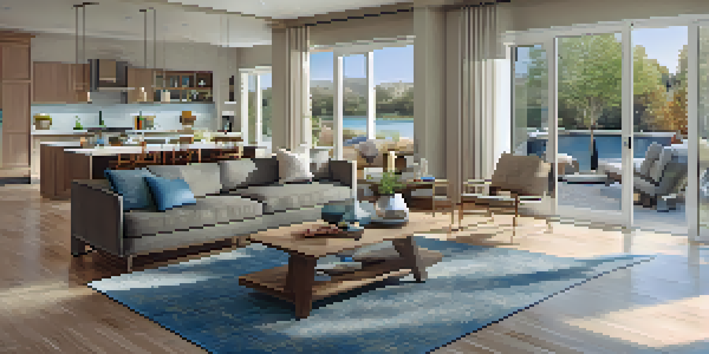 An accessible open floor plan living area with wide pathways, smooth flooring, and natural light, featuring comfortable furniture and smart home technology.