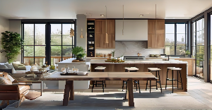 A spacious and inviting open concept living area that combines kitchen, dining, and living spaces with natural light and warm colors.