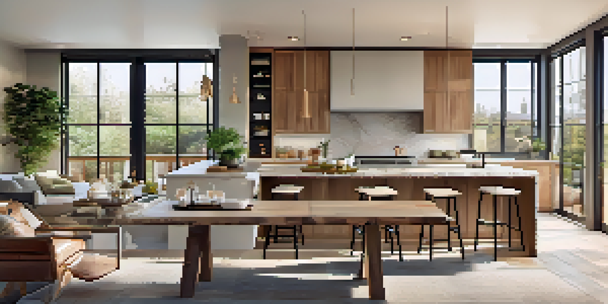 A spacious and inviting open concept living area that combines kitchen, dining, and living spaces with natural light and warm colors.