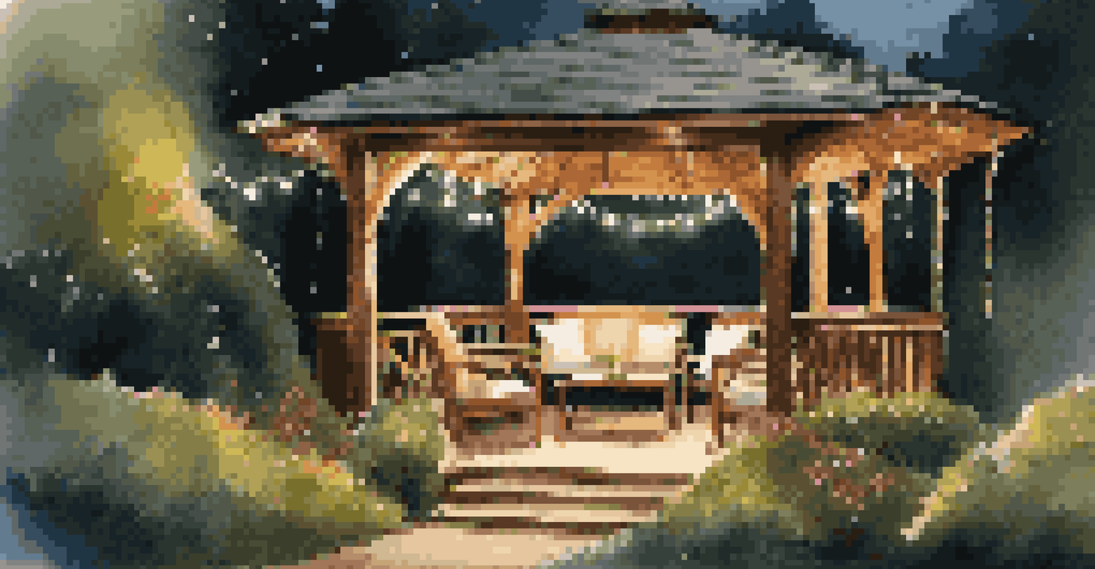A charming wooden gazebo with fairy lights in a serene garden setting.