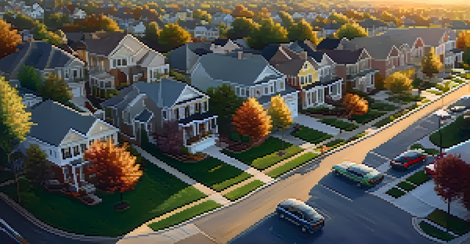 An aerial view of a suburban neighborhood with families and children enjoying outdoor spaces.