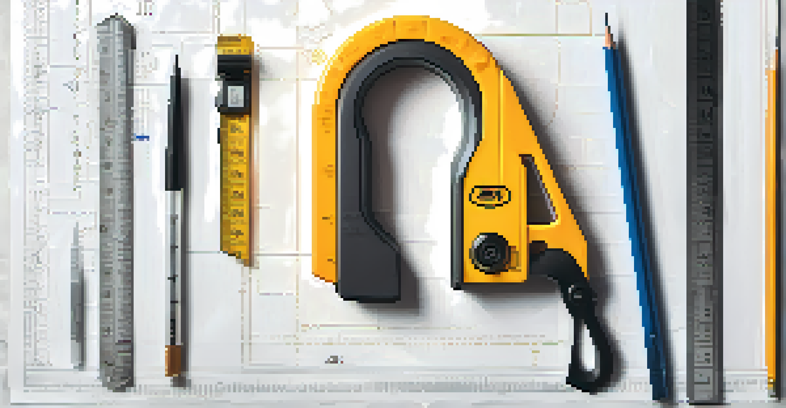 An overhead view of a measuring tape on a white blueprint, accompanied by a level, pencil, and utility knife, emphasizing precision in DIY projects.
