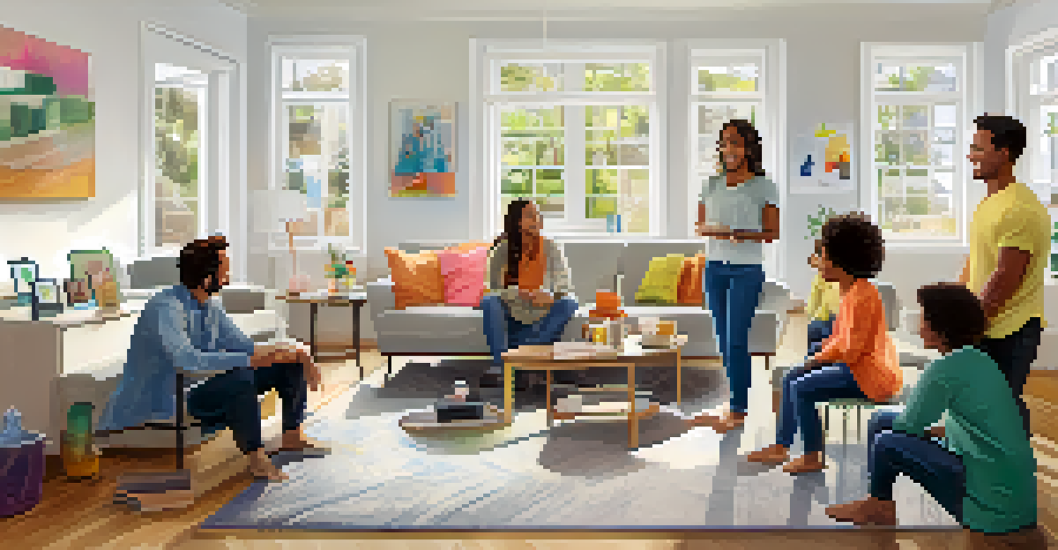 A family meeting in a tidy living room, discussing home organization roles with a colorful whiteboard in the background.