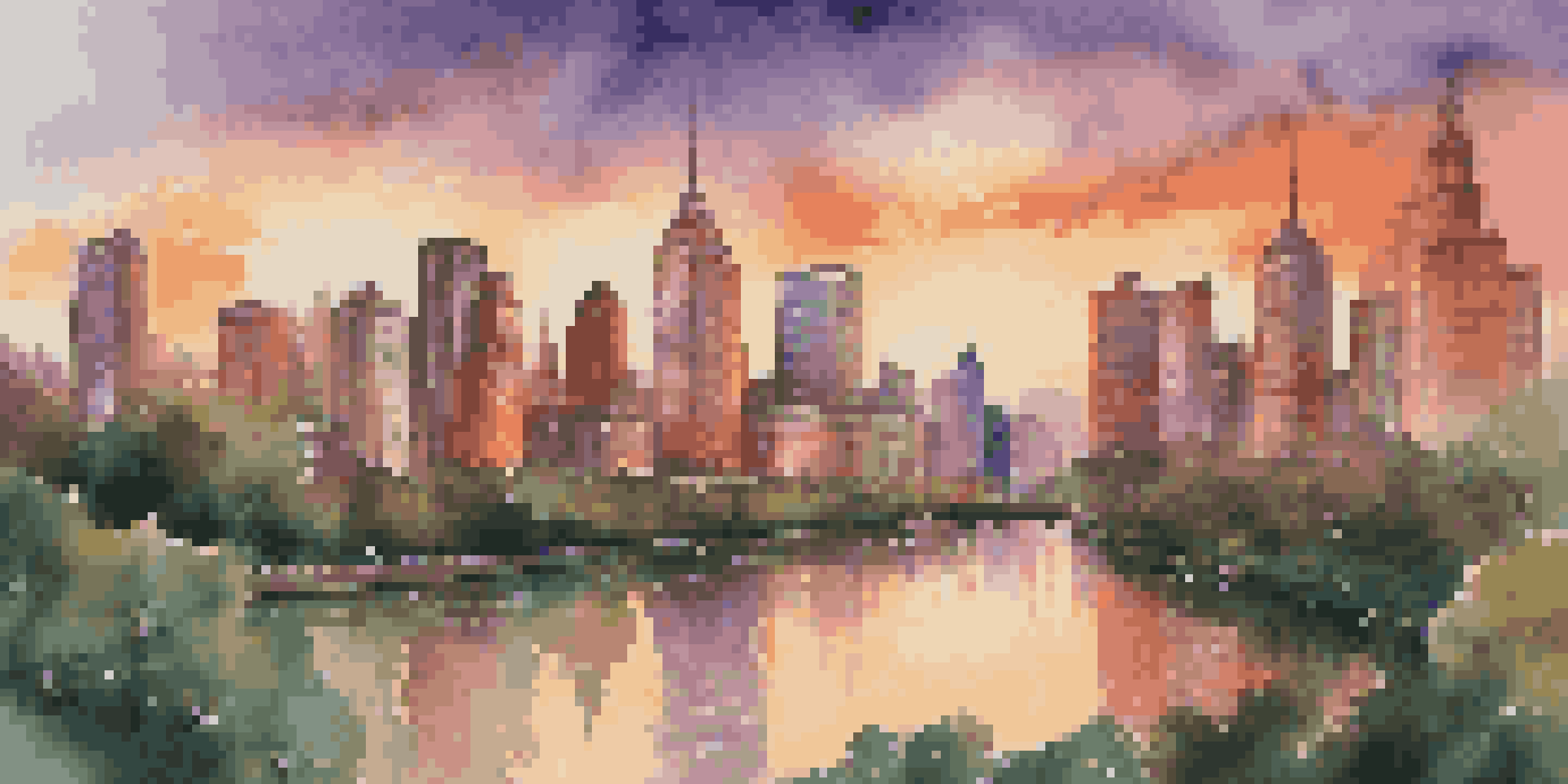 A vibrant urban skyline at sunset with modern skyscrapers and traditional buildings, reflecting in a river.