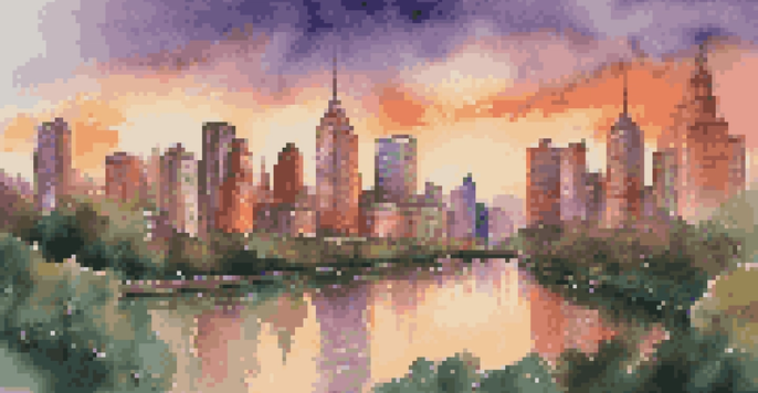 A vibrant urban skyline at sunset with modern skyscrapers and traditional buildings, reflecting in a river.