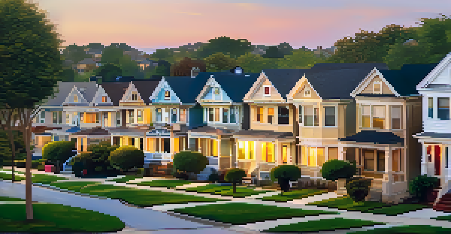 A neighborhood with homes for sale and a graph indicating rising property values.