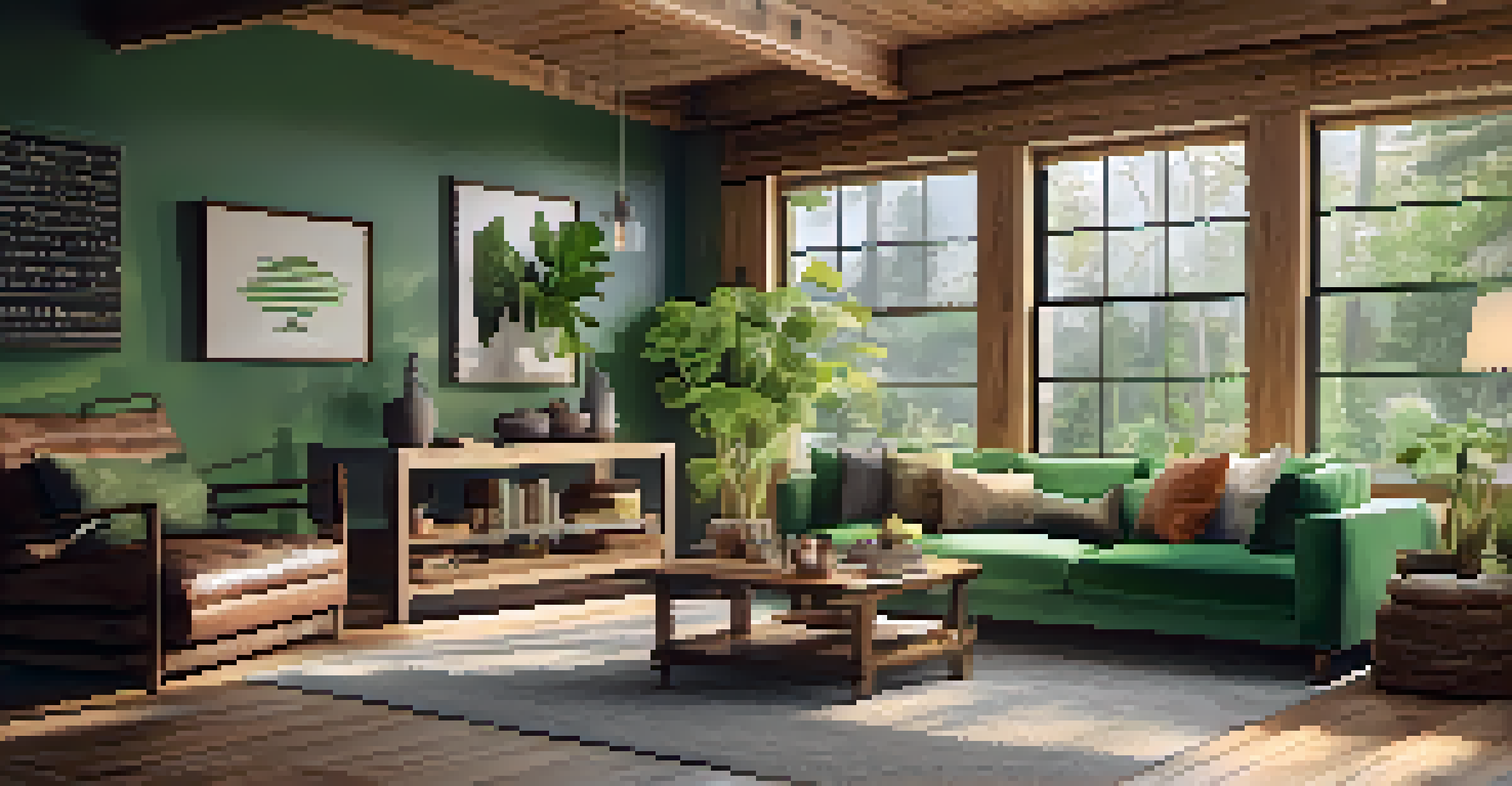 An eco-friendly living room with natural light, reclaimed wood furniture, and indoor plants.