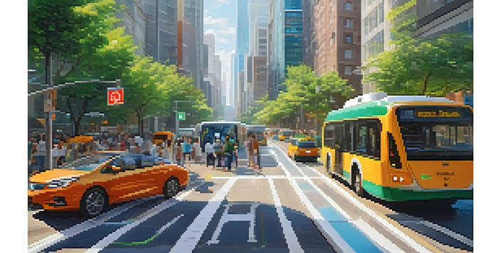 A busy urban street showcasing smart city technology with traffic lights, electric vehicles, and pedestrians engaged with digital devices amidst greenery and sunlight.