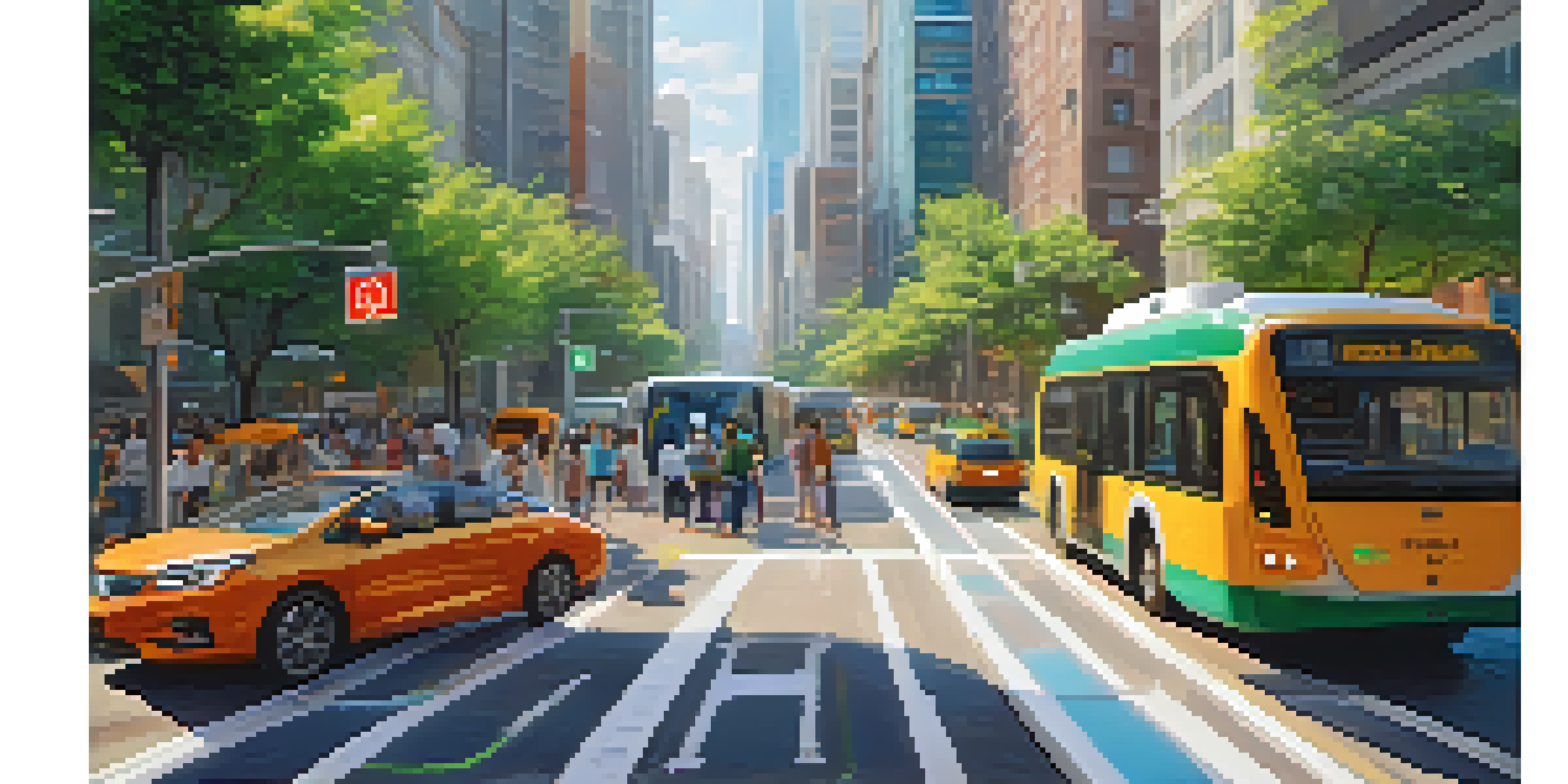 A busy urban street showcasing smart city technology with traffic lights, electric vehicles, and pedestrians engaged with digital devices amidst greenery and sunlight.