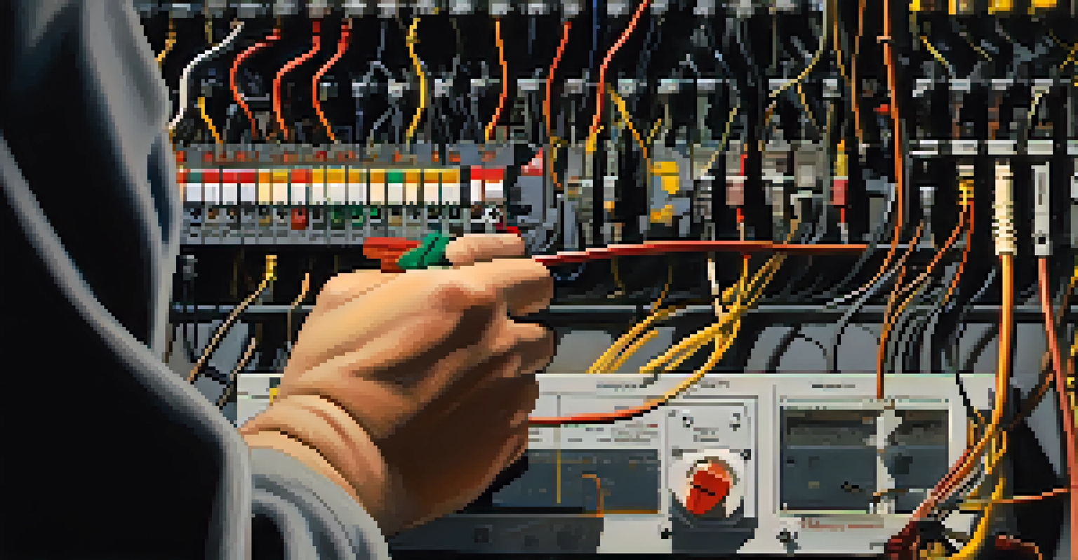 Close-up of an inspector's hands checking electrical wiring in a basement, with wires and a multimeter visible.