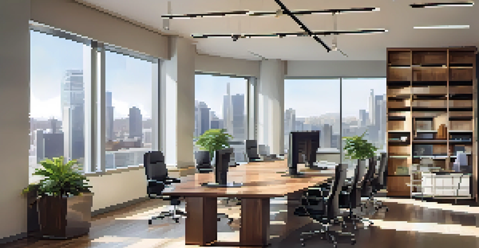 A bright and modern office conference room with a large wooden table, ergonomic chairs, and a skyline view through large windows.