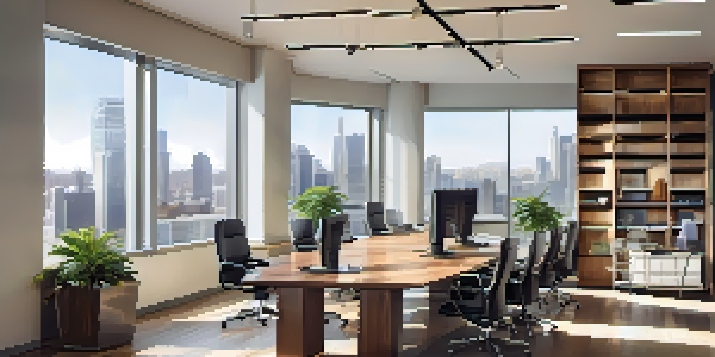 A bright and modern office conference room with a large wooden table, ergonomic chairs, and a skyline view through large windows.