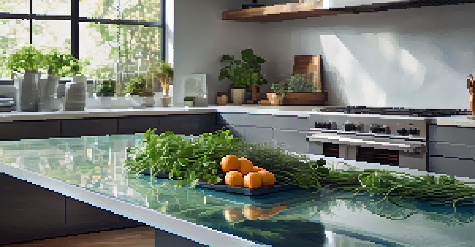 A close-up of a recycled glass kitchen countertop with fresh herbs and modern appliances, showcasing sustainability.