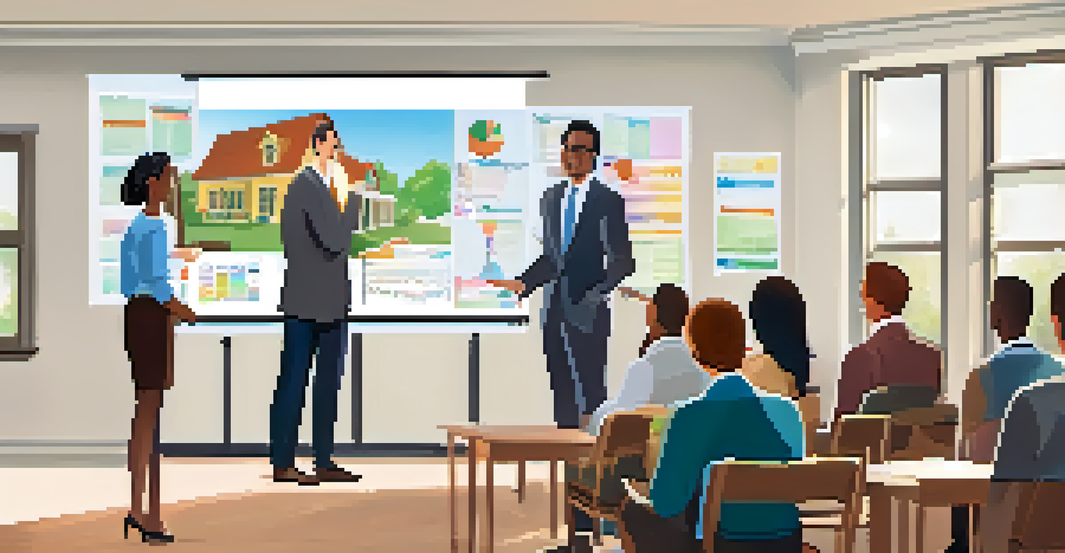 A financial advisor presenting to homeowners in a workshop setting, with charts and resource materials visible, fostering a supportive learning environment.