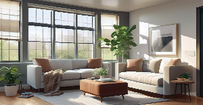 A bright and inviting living room showcasing energy-efficient renovations with large windows and a comfortable sofa.