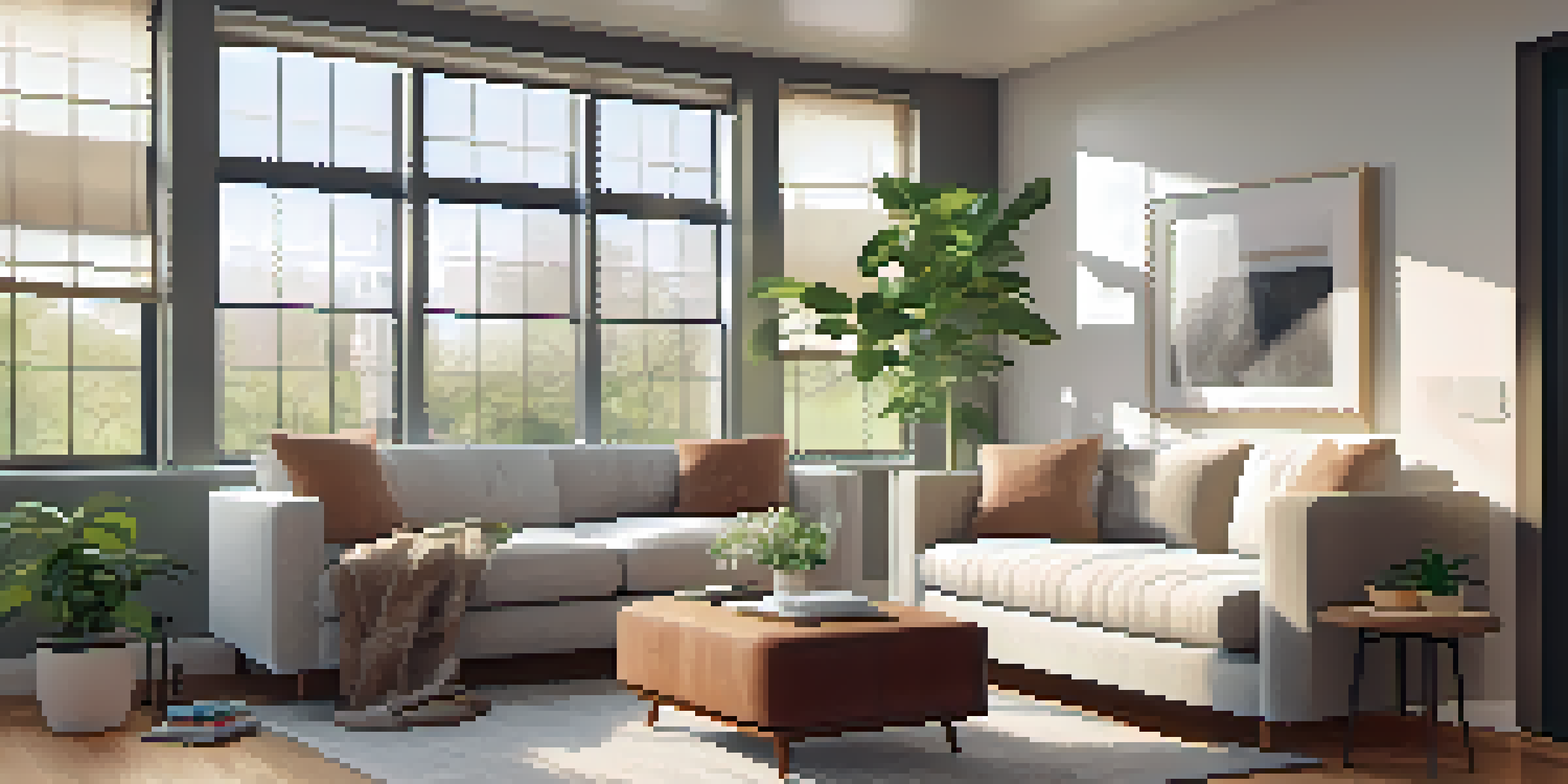 A bright and inviting living room showcasing energy-efficient renovations with large windows and a comfortable sofa.