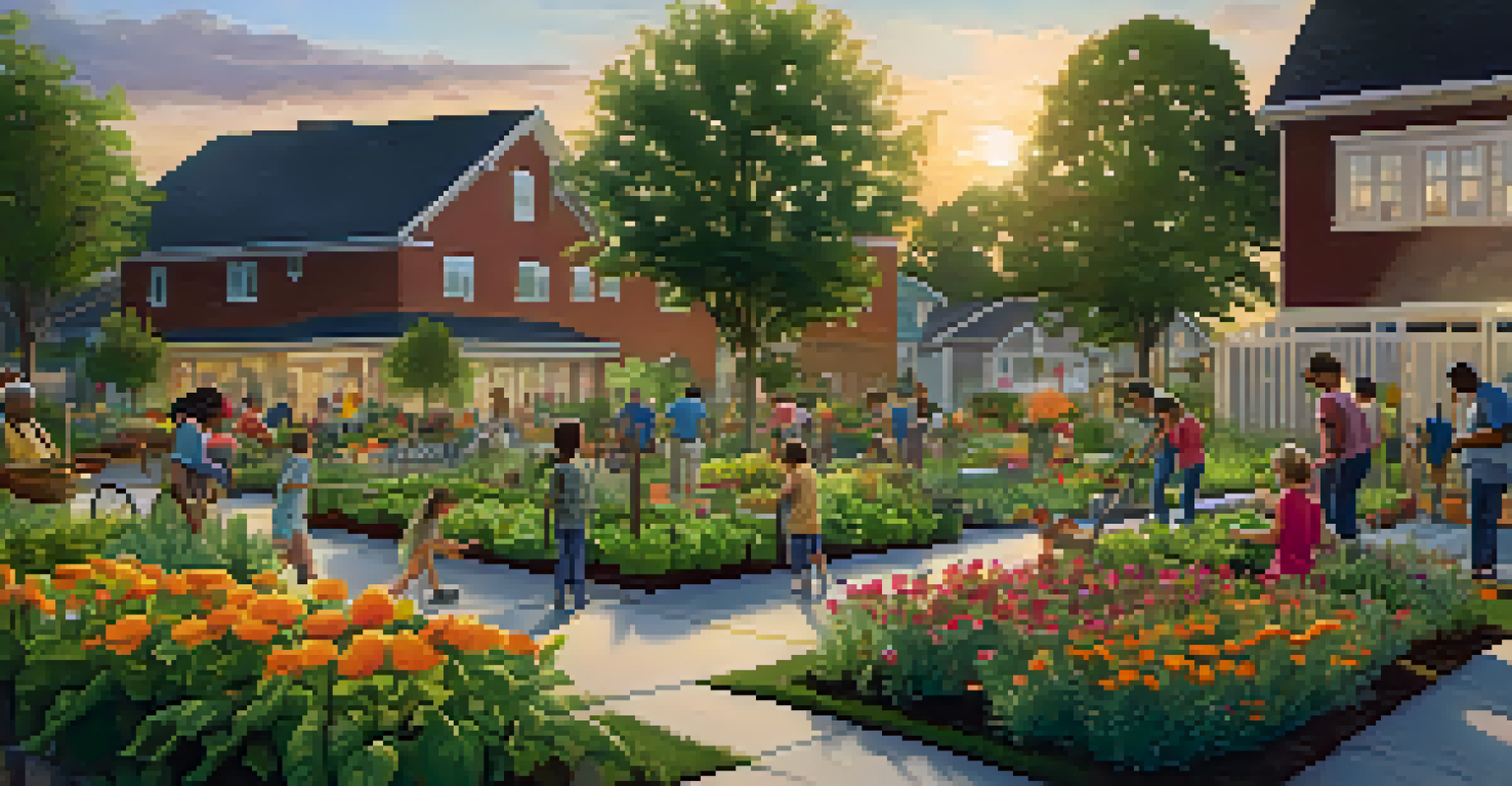 A community garden with diverse residents planting together, children playing nearby, and a sunset glowing over the colorful plants.