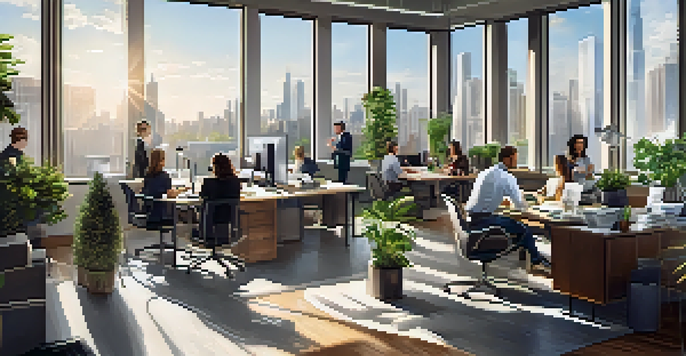 An urban real estate office with professionals discussing plans around a table, sunlight streaming in from large windows, and a city skyline outside.