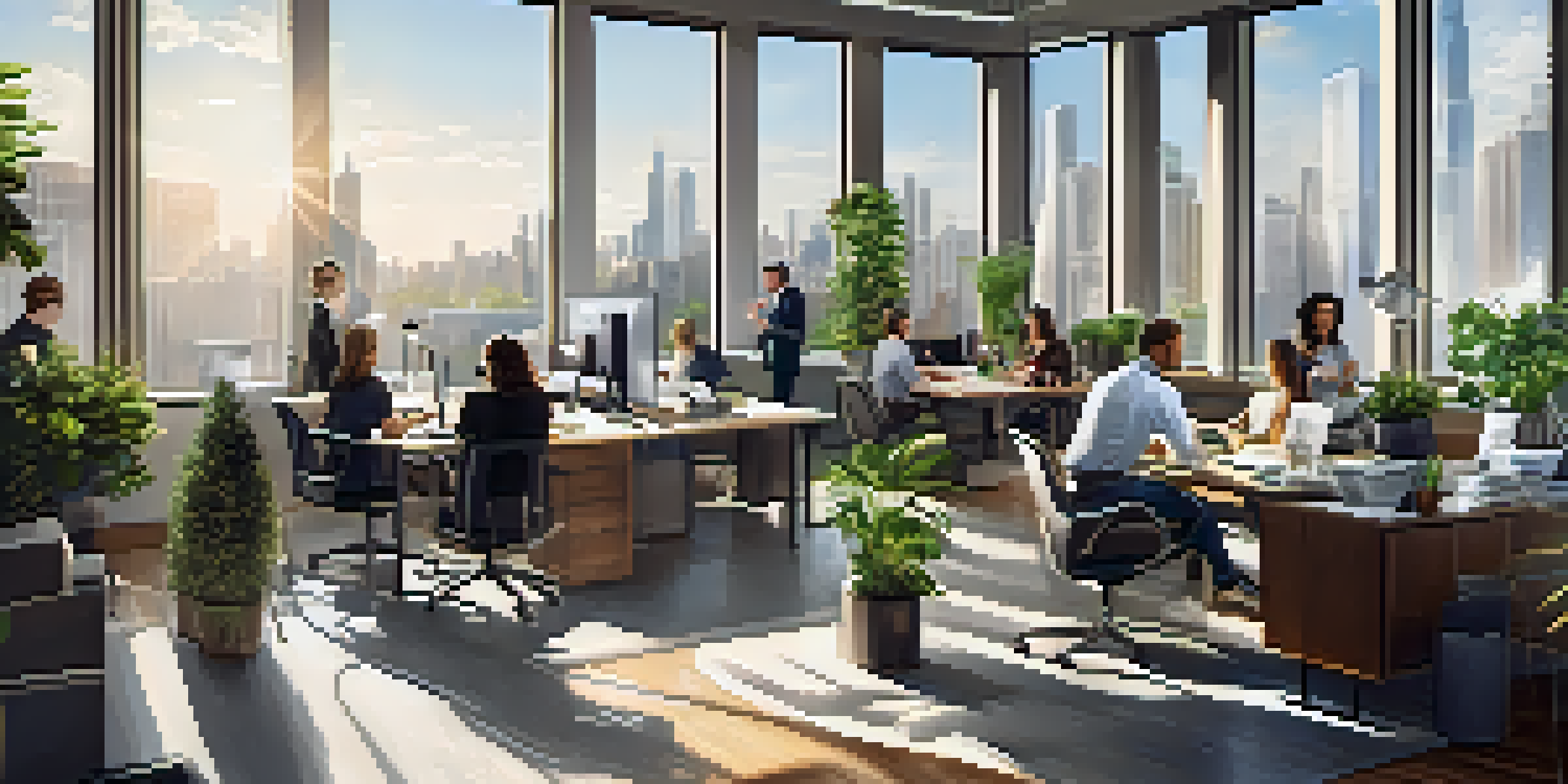 An urban real estate office with professionals discussing plans around a table, sunlight streaming in from large windows, and a city skyline outside.