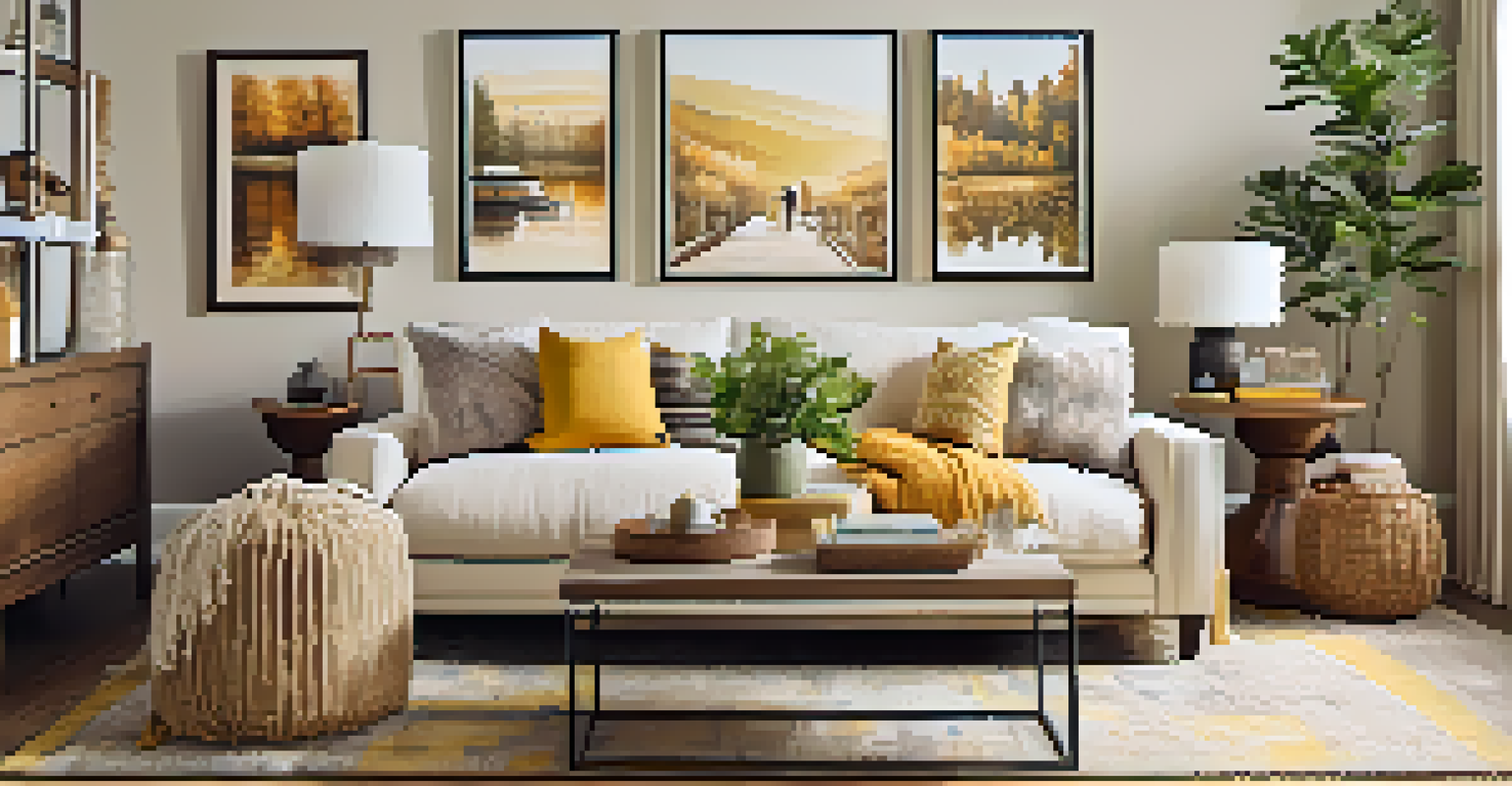 A decorated open concept living space with personal touches, warm colors, and a cozy atmosphere.