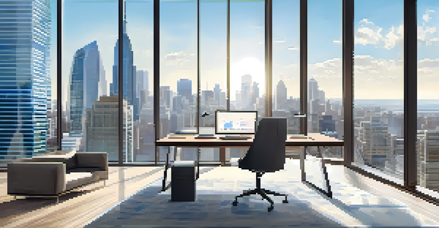 A modern office space with a view of a cityscape, showcasing financial reports on a desk.