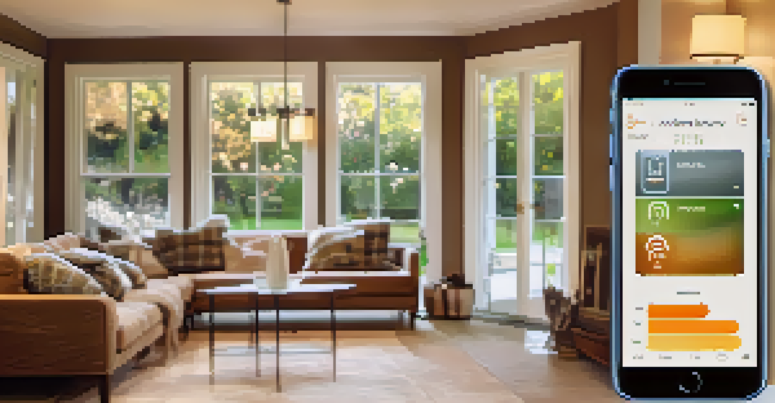 A close-up of a smartphone showing a smart security system app with real-time monitoring options, set in a cozy home environment.