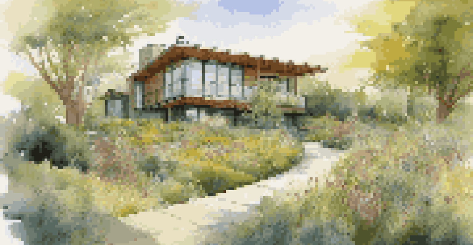 An environmentally friendly home with a green roof and wildlife corridor, surrounded by trees and sunlight filtering through, illustrating the balance between architecture and nature.