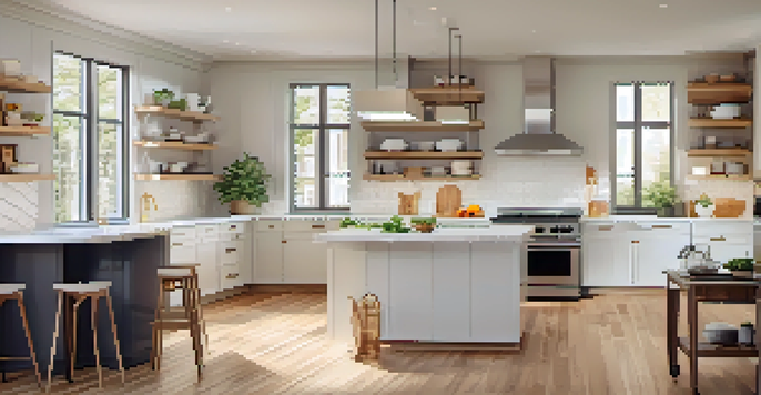 A modern kitchen with natural light, featuring sleek countertops and modern appliances in an open layout.