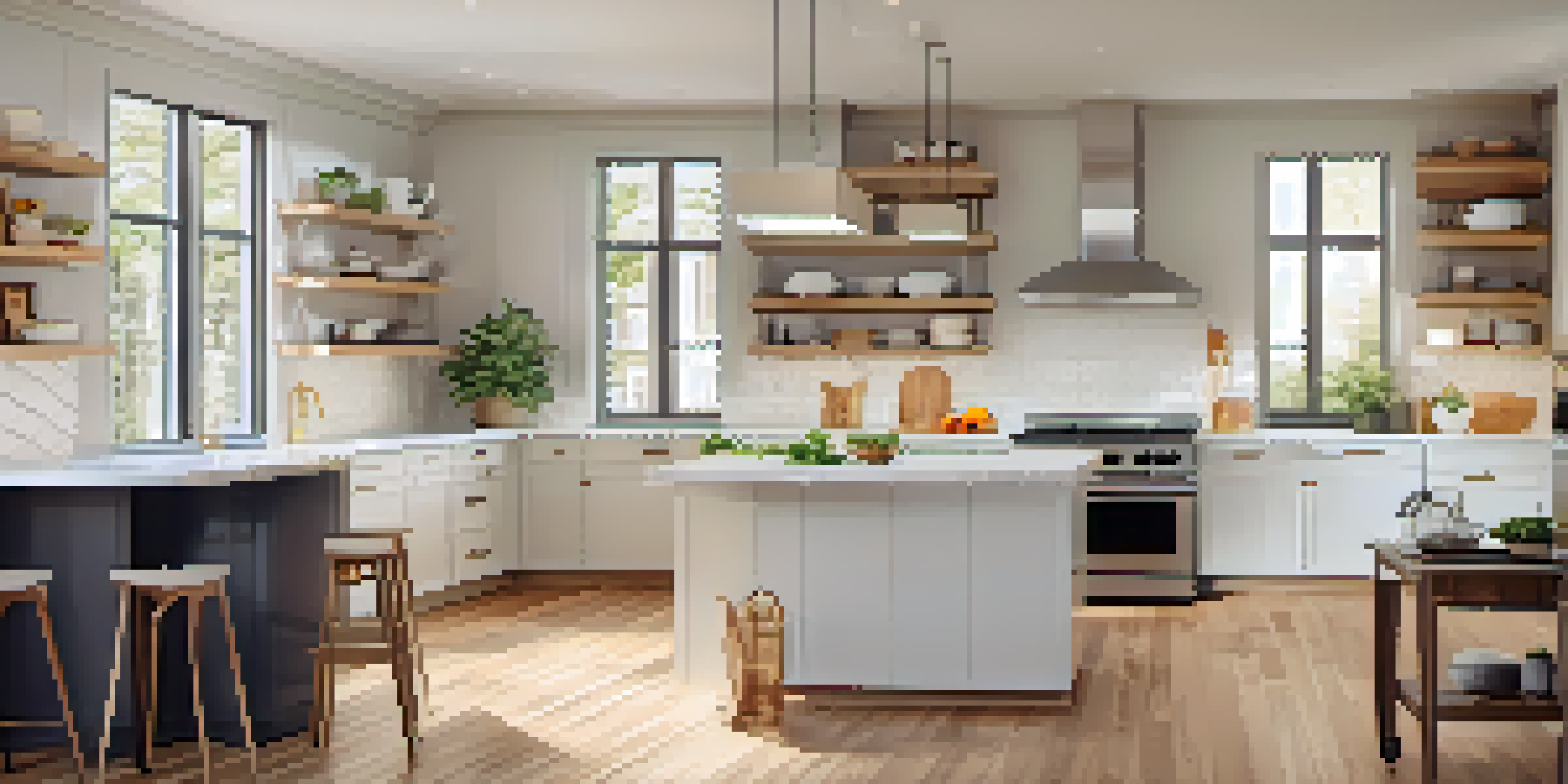 A modern kitchen with natural light, featuring sleek countertops and modern appliances in an open layout.