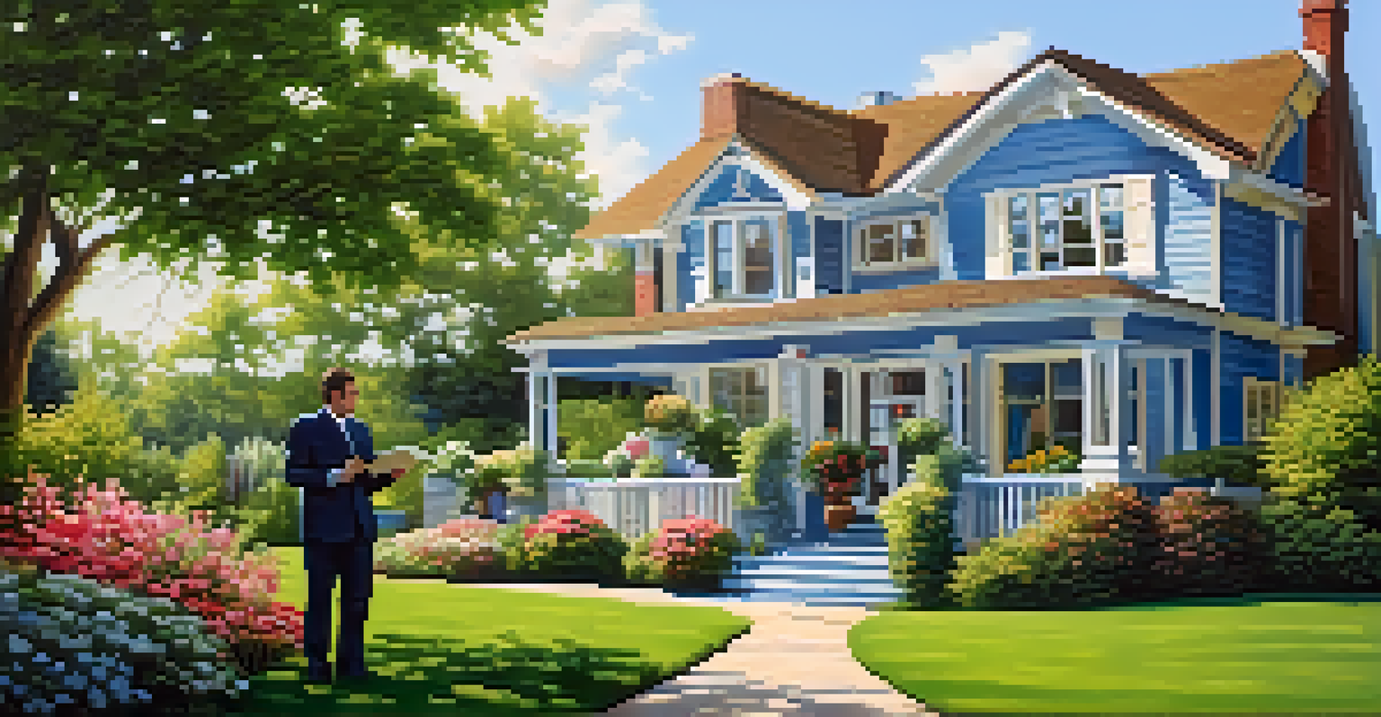 A real estate agent and a client discussing in front of a charming house with a 'For Sale' sign, surrounded by flowers and greenery.