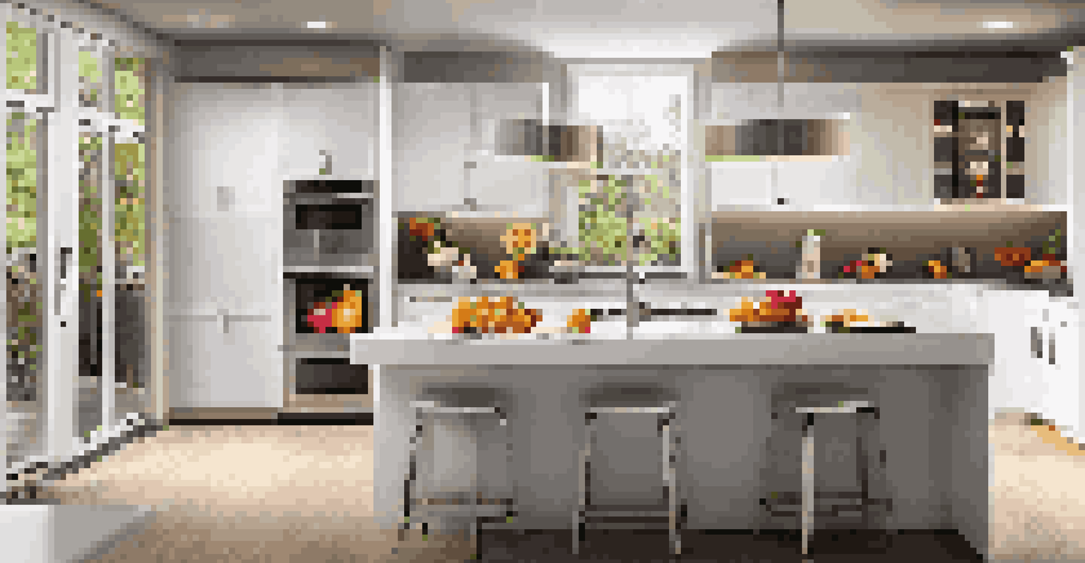 A modern kitchen with bright task lighting, white cabinetry, and a central island illuminated by pendant lights.