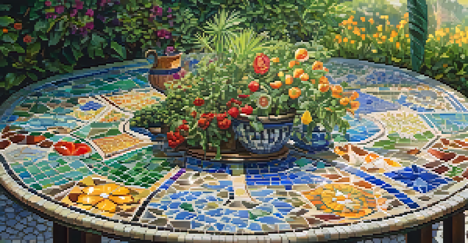 A colorful mosaic table in a vibrant garden, surrounded by lush plants and ornaments, reflecting sunlight.