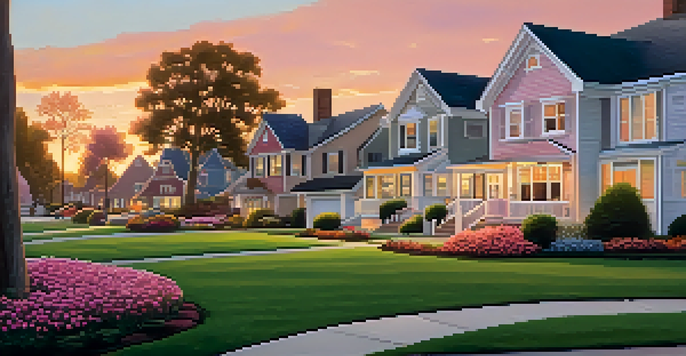 A serene suburban neighborhood with well-kept homes and gardens during sunset, featuring families and a playing dog.