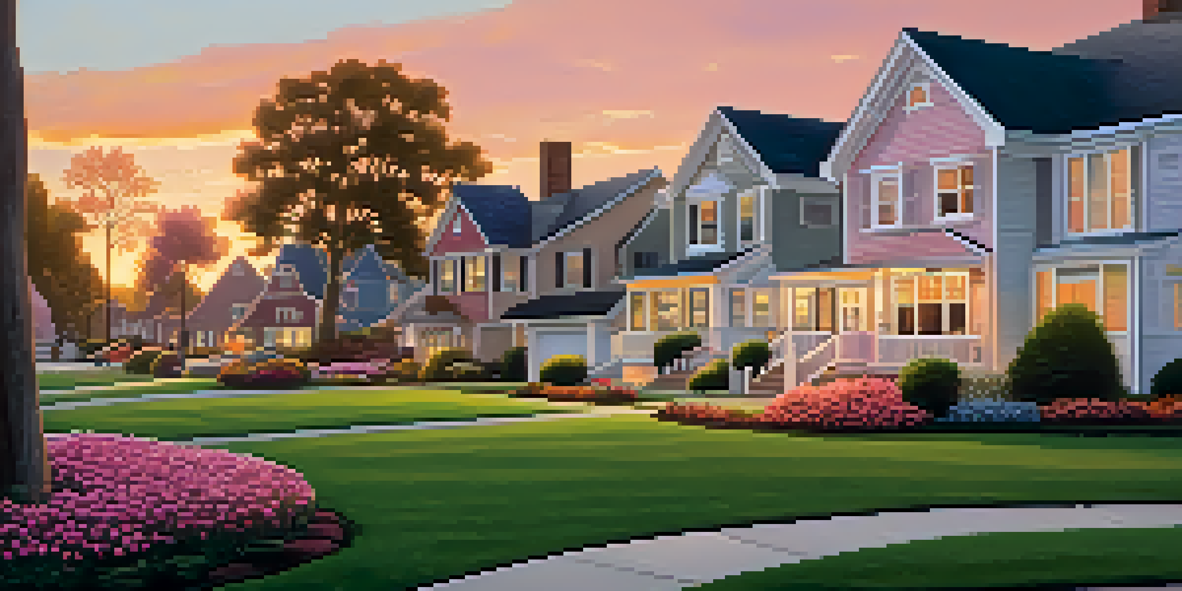 A serene suburban neighborhood with well-kept homes and gardens during sunset, featuring families and a playing dog.
