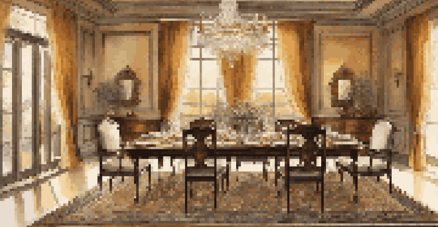 A dining room featuring an ornate Persian rug under a dark wood dining table, illuminated by warm golden light from a chandelier.