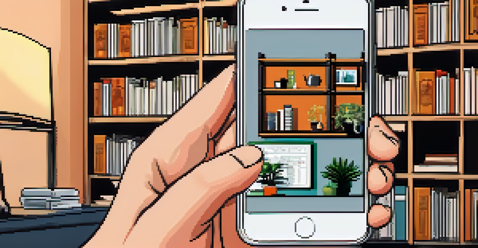 A close-up of a hand holding a smartphone with a real estate crowdfunding app in a cozy home office.