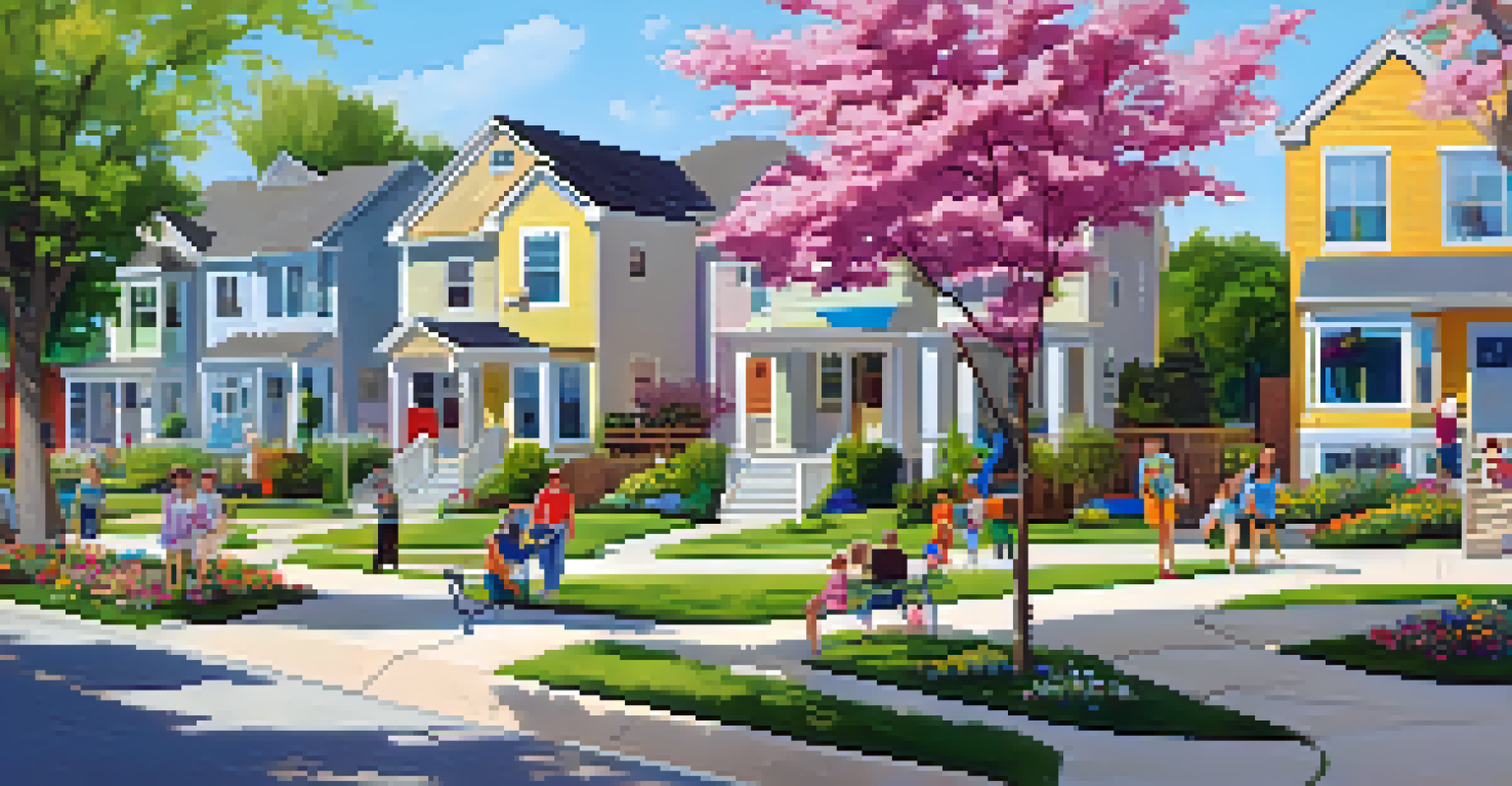 A peaceful suburban neighborhood with new homes, families enjoying parks, and colorful flowers.