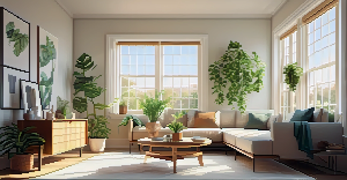 A spacious living room with energy-efficient windows, modern furniture, and a potted plant, illuminated by sunlight.