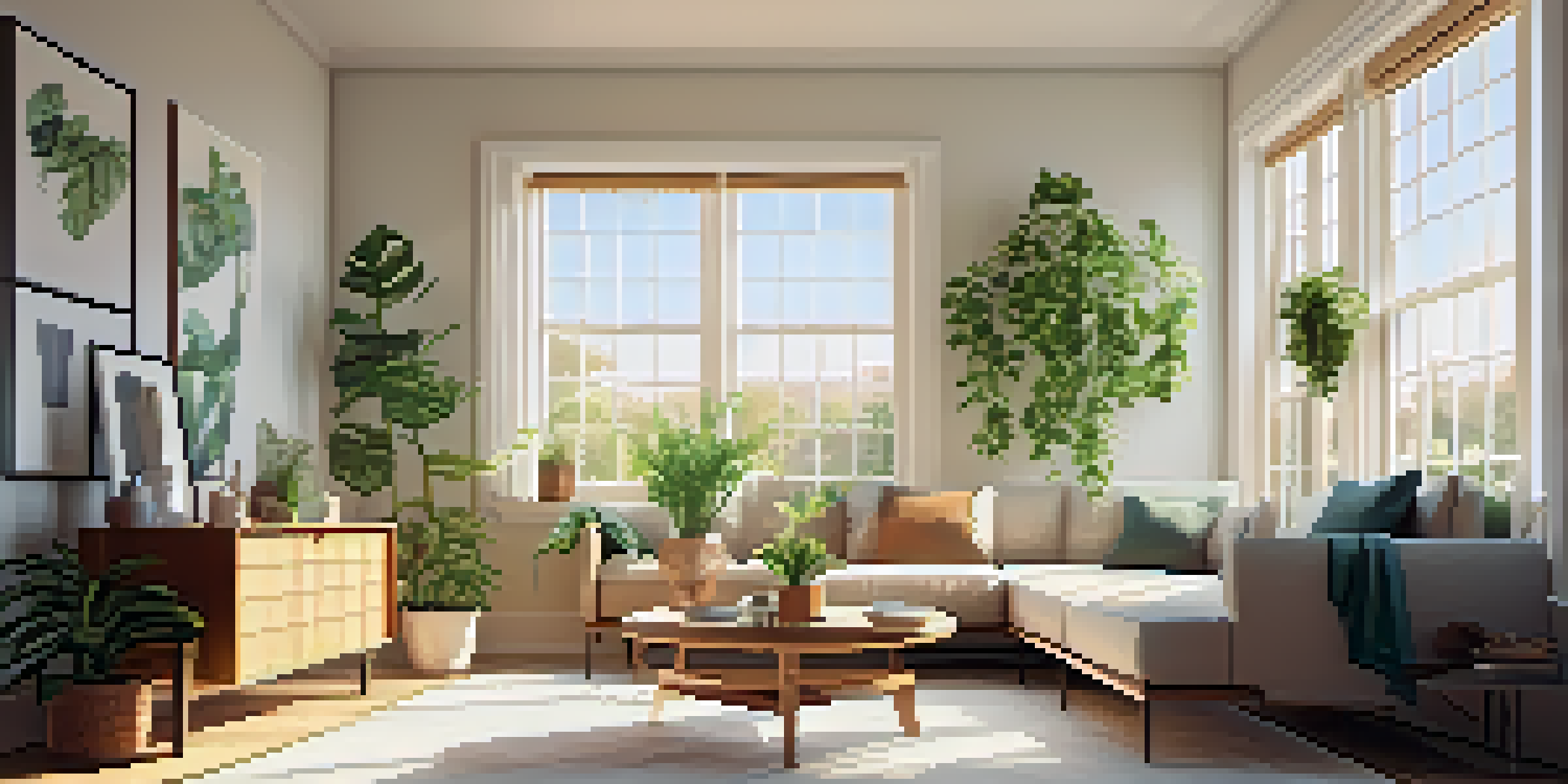 A spacious living room with energy-efficient windows, modern furniture, and a potted plant, illuminated by sunlight.