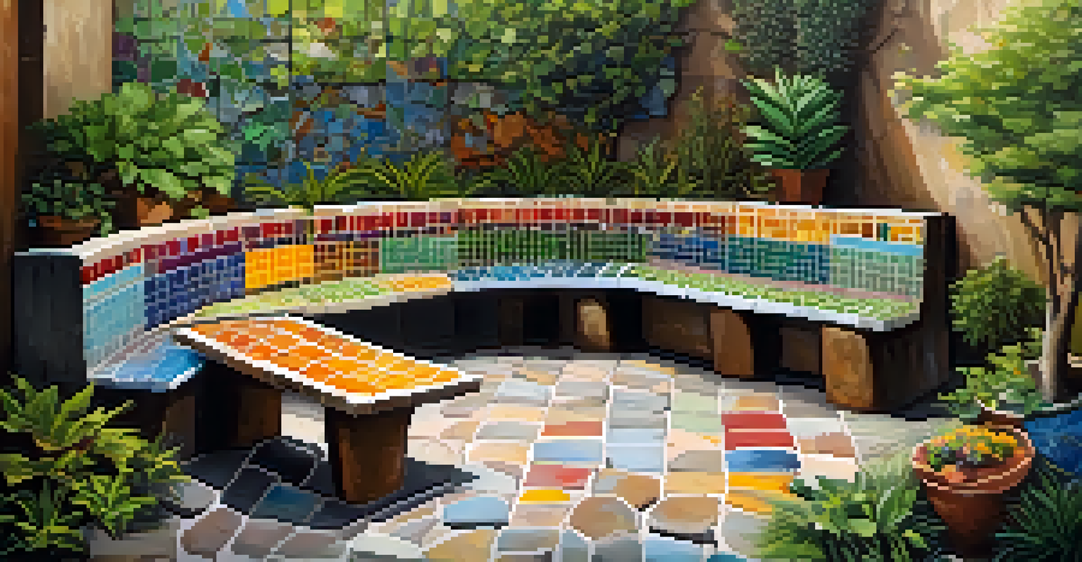 An outdoor seating area with a mosaic-tiled table, reclaimed wood benches, and colorful painted rocks amidst plants.