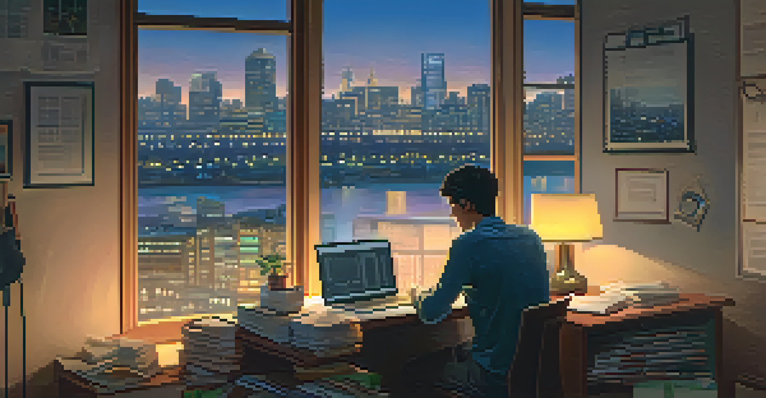 A person studying financial charts on a laptop at a desk, with a notepad and pen, under the warm glow of a lamp, with a city skyline visible through a window at dusk.