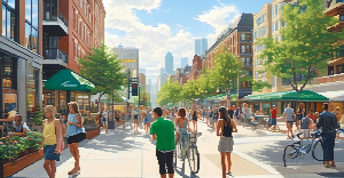 A lively urban setting with modern mixed-use buildings, green trees, and diverse people enjoying the space.