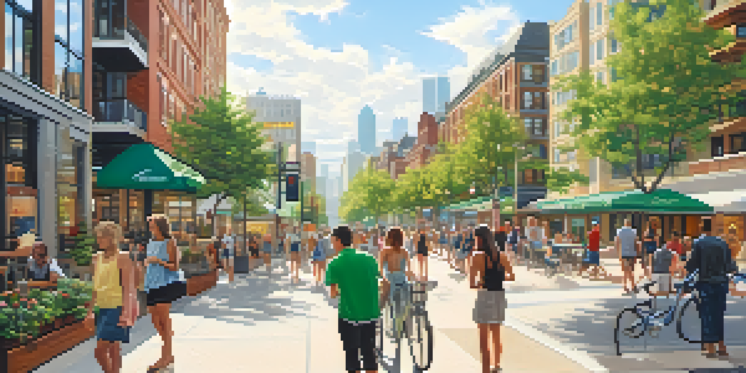 A lively urban setting with modern mixed-use buildings, green trees, and diverse people enjoying the space.