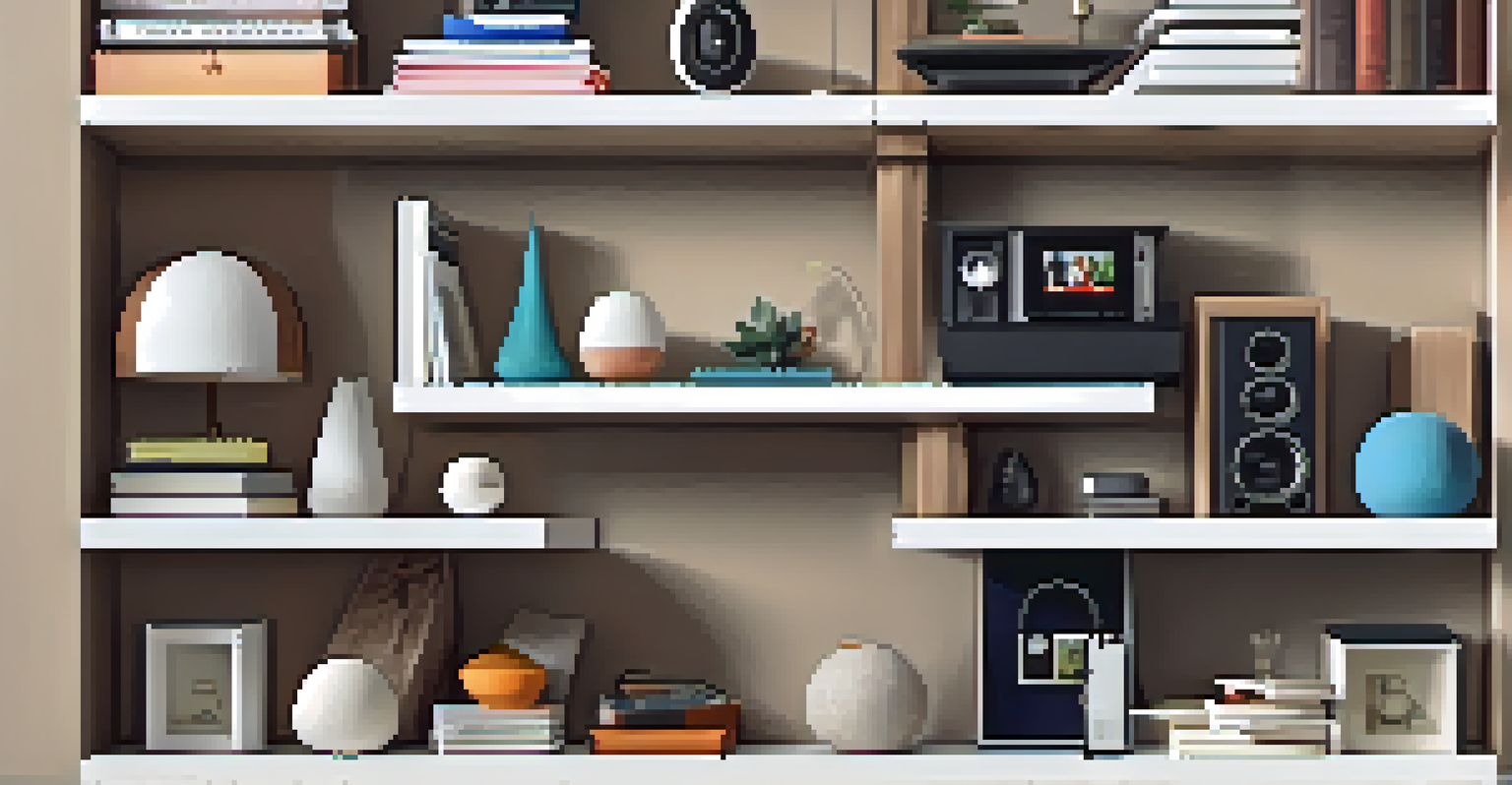 A decorative shelf showcasing electronics and accessories in an organized manner with warm lighting.