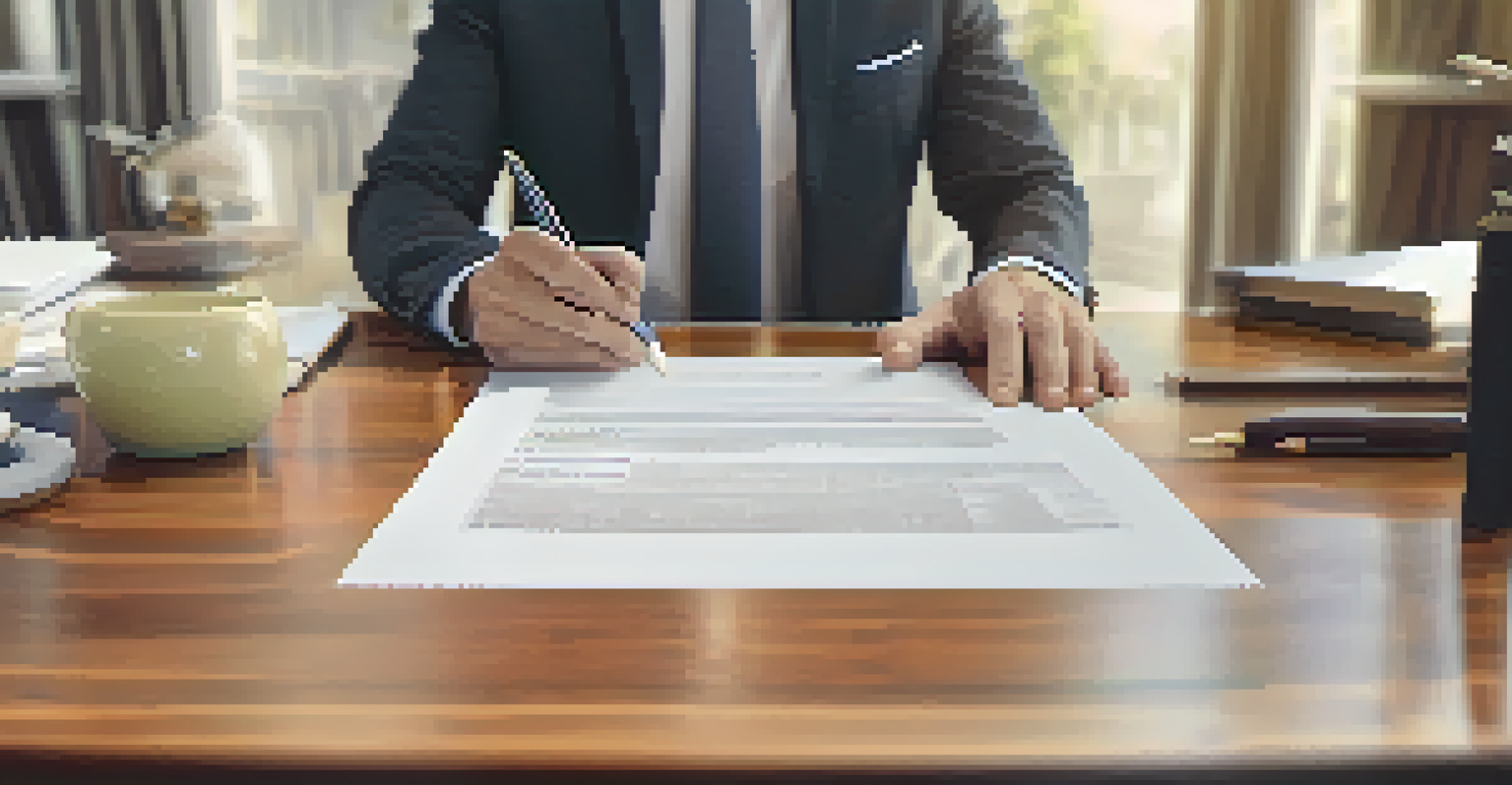 A close-up of a real estate agent's hands holding a signed contract on a wooden table, with a blurred house in the background.