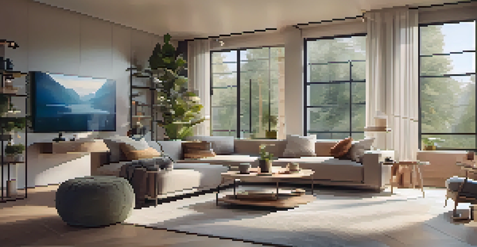 A modern living room with smart devices, including a smart thermostat and speaker, warm lighting, and a cozy sofa.