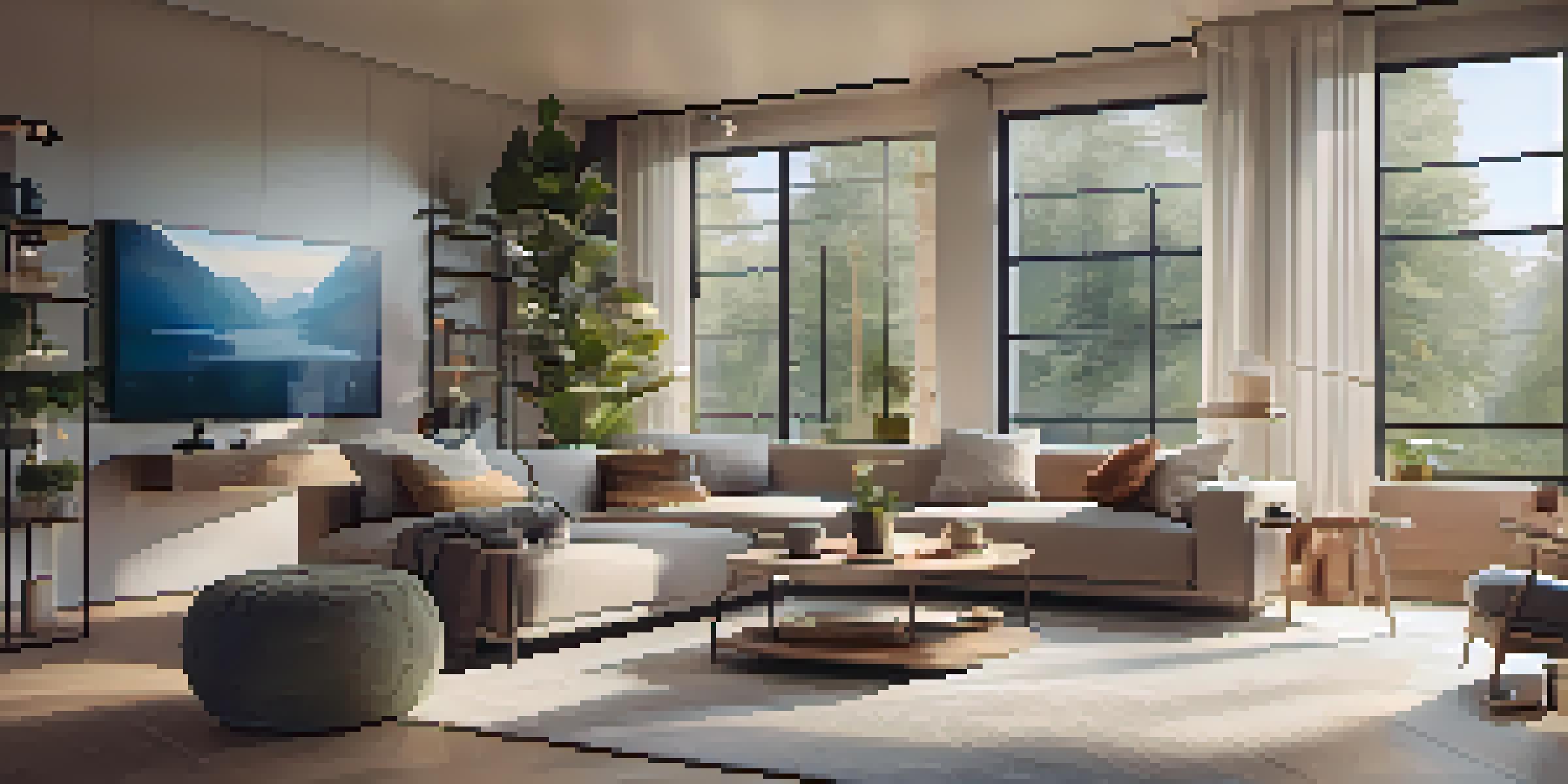 A modern living room with smart devices, including a smart thermostat and speaker, warm lighting, and a cozy sofa.