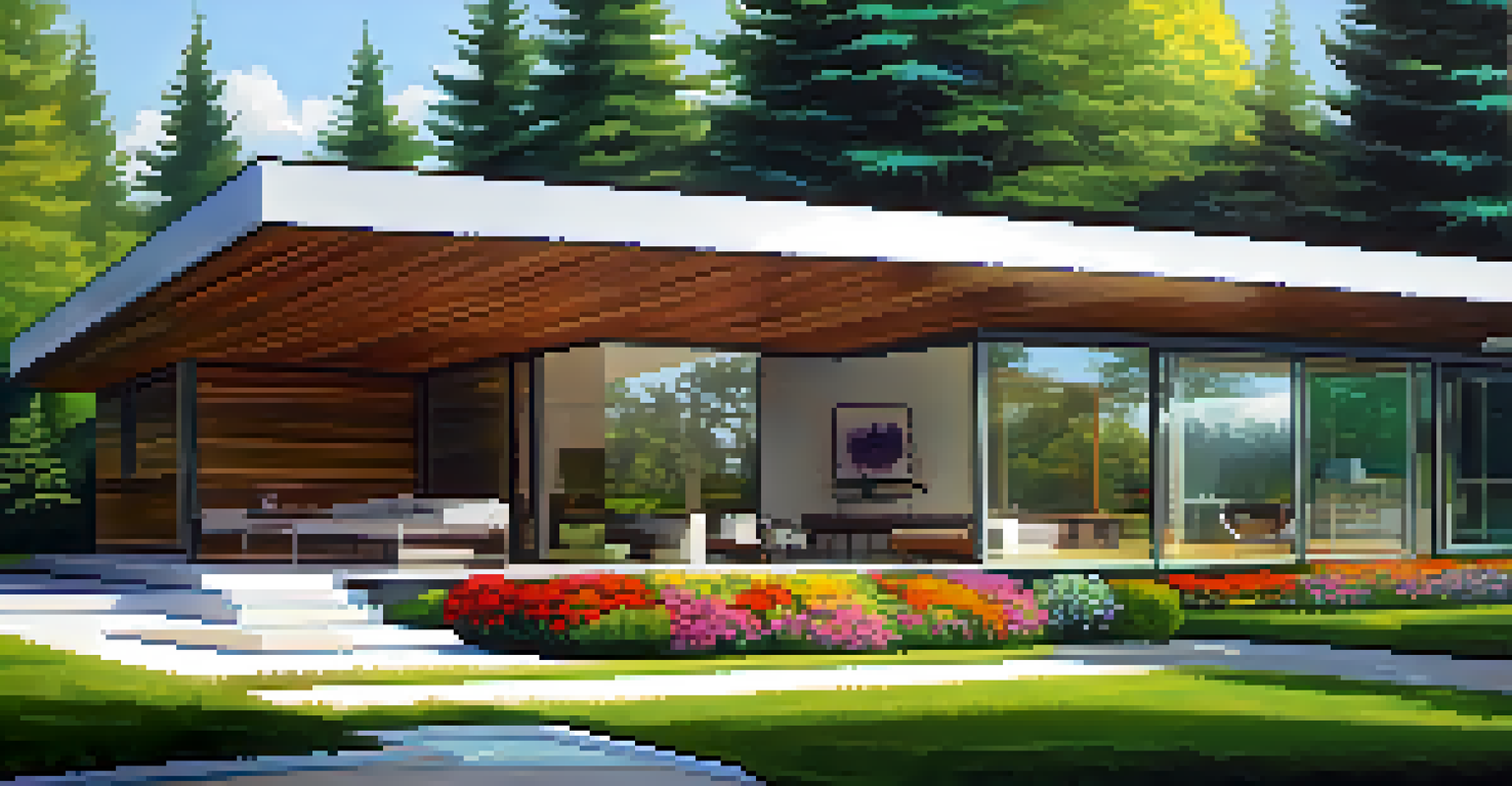 A modern house with large energy-efficient windows surrounded by greenery and flowers, reflecting sunlight.